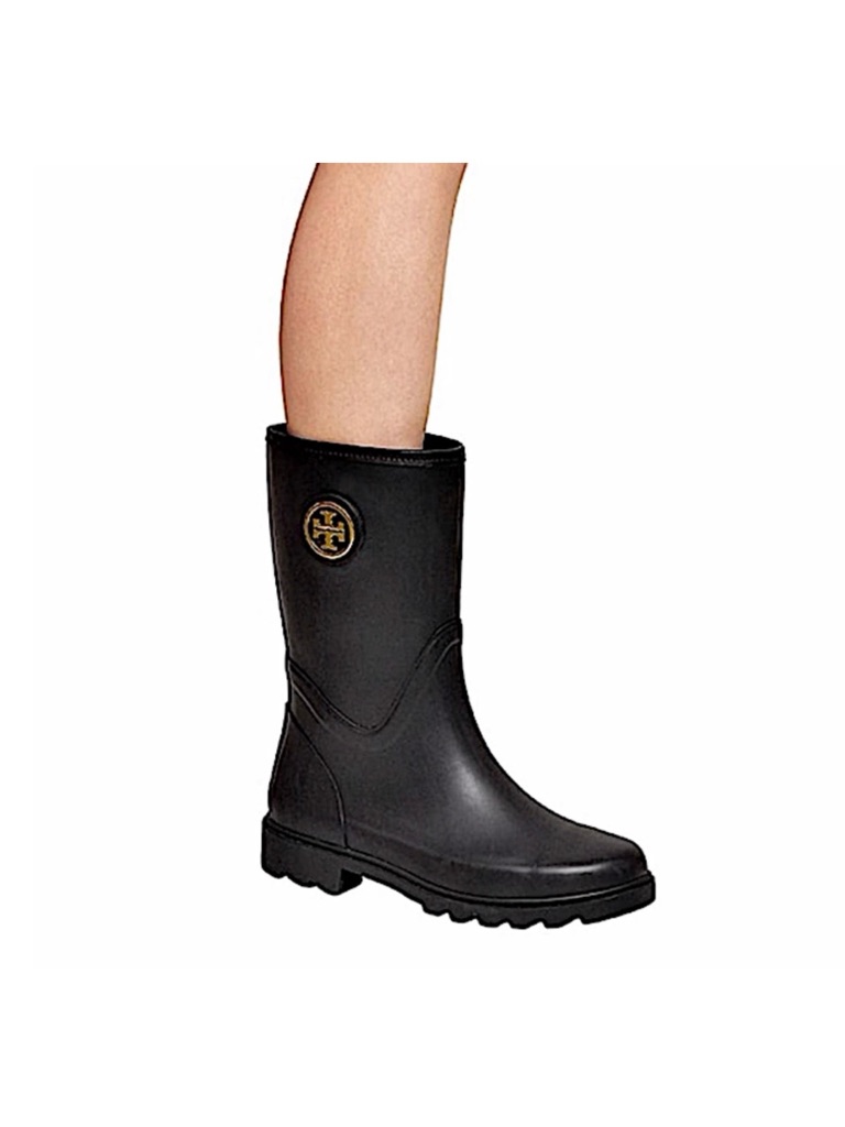 Tory Burch Maureen Mid Calf Black Rubber Rain Boots